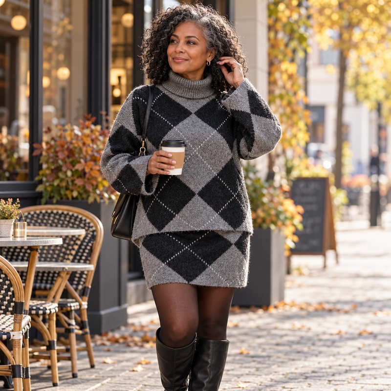 Argyle Knit Sweater & Skirt Set