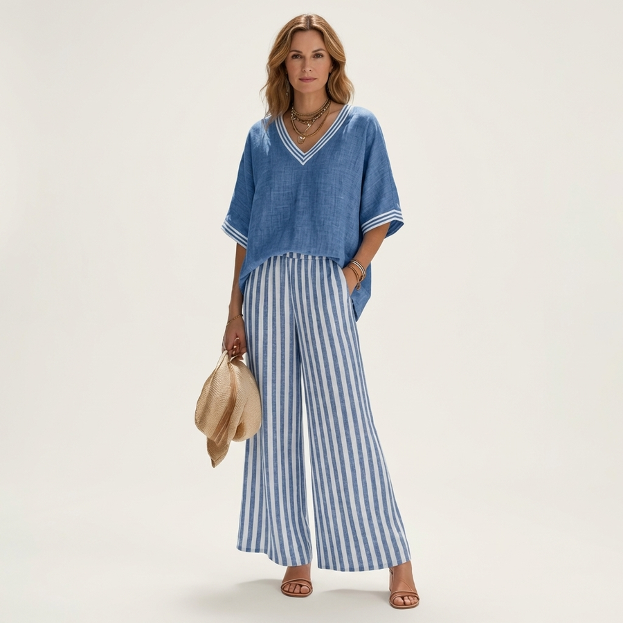 Juliana | V-Neck Varsity Top & Stripe Wide-Leg Set