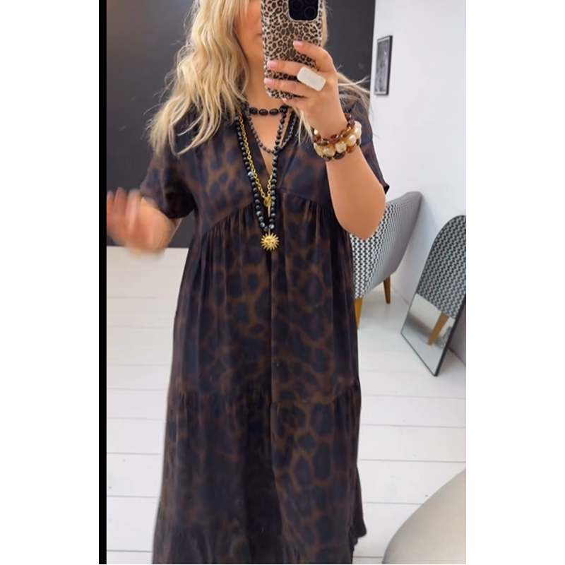 📢📢40% OFF !! ⏰📿Women's V-Neck Leopard Print Maxi Dress With Free Necklace