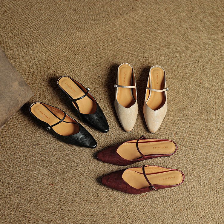 Layla | Women's Pointed-Toe Mary Jane Buckle-Strap Leather Mule Flats